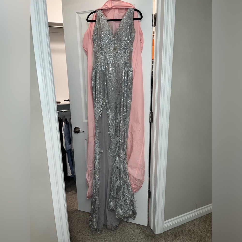 Portia and Scarlett silver sparkly feather dress